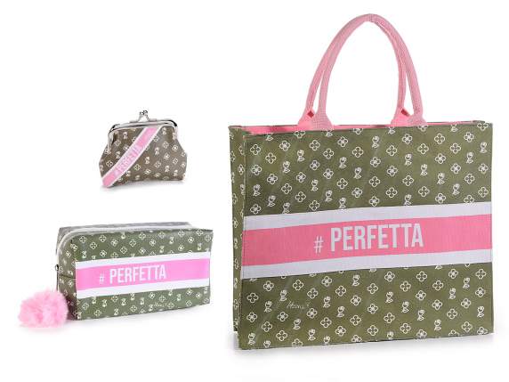 Tote bag set, pencil case and green purse with `` Perfect ''
